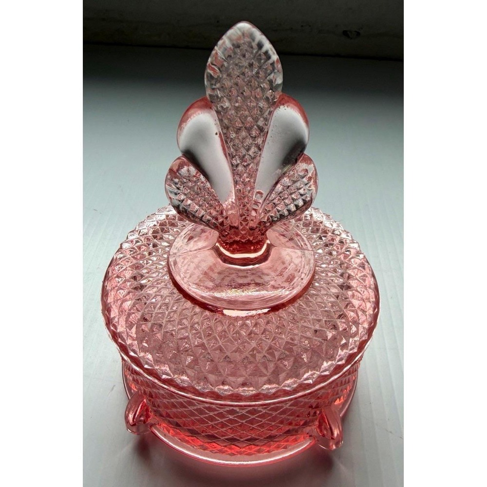 Pink Pressed Glass Collectible Powder Box with Ornate Lid, Finial Handle & Feet
